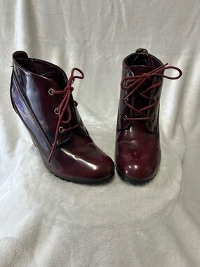 BAMBOO Burgundy Gloss Lace-Up Wedge Booties